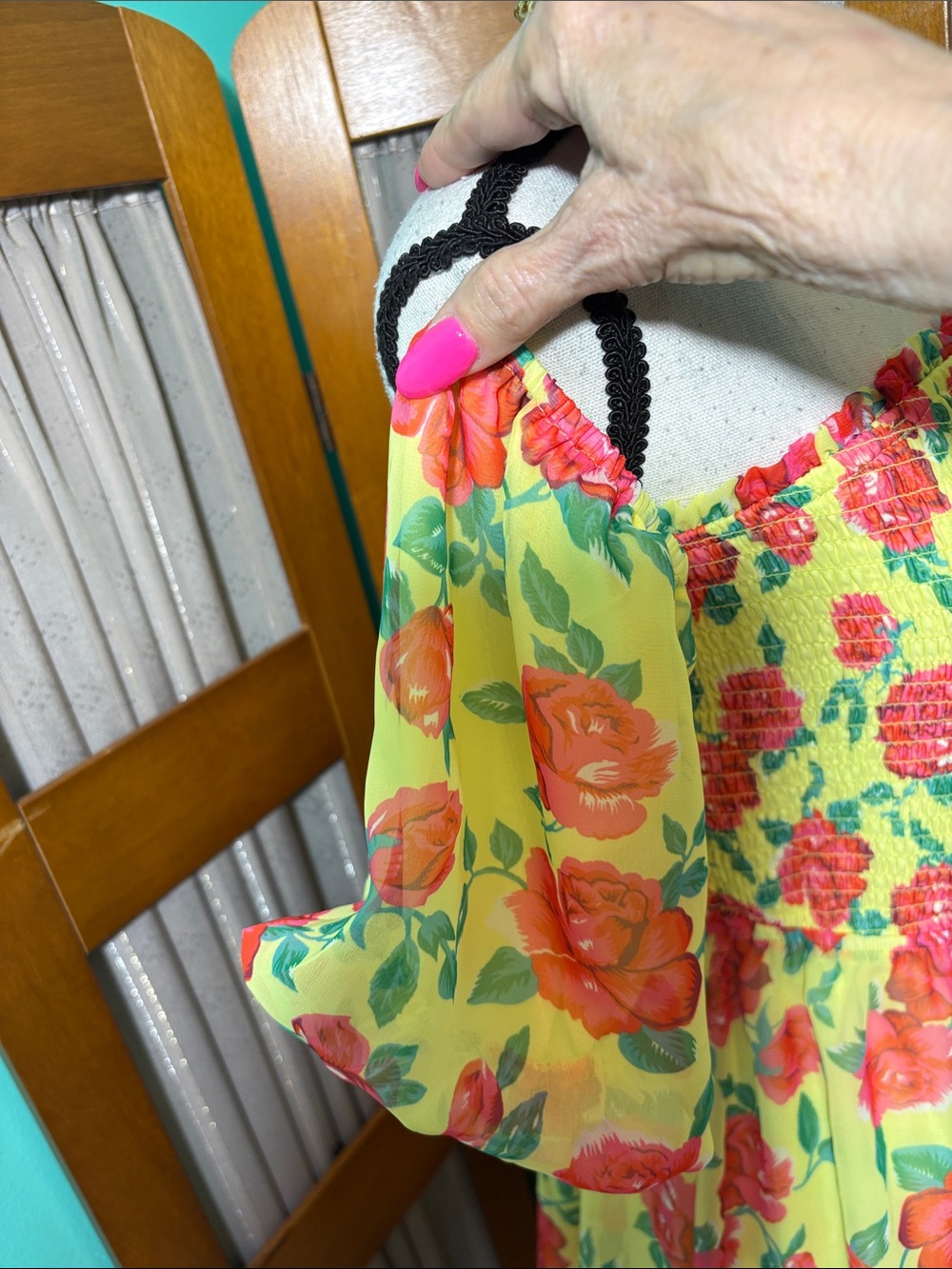 Betsey Johnson Yellow Mini Dress with Red Floral Print - Picture 6 of 15